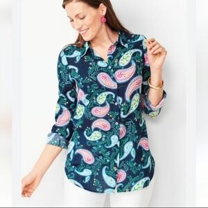 Talbots Cotton Shirt Garden Paisley Button Down Long Slv Lightweight Size S